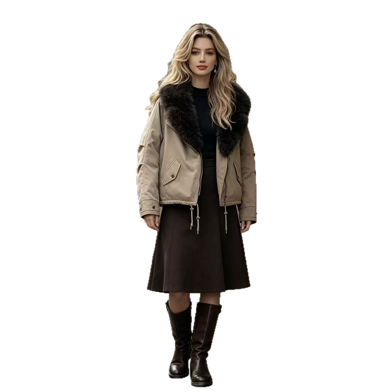 Women's short bomber jacket with voluminous faux fur collar, drawstring hem, and flap pockets Chichicherry