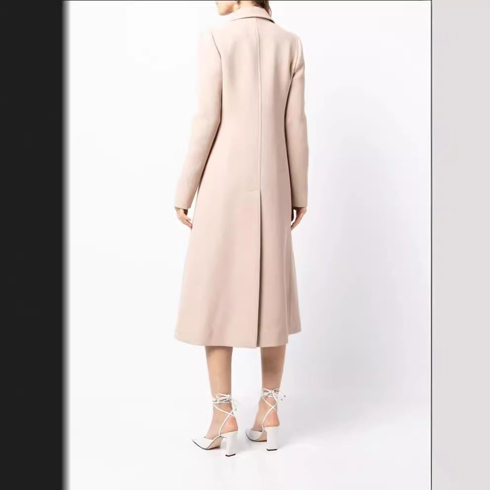 Women Tailored Double-Breasted Wool Blend Coat with Delicate Decorative Buttons and Flap Pockets Chichicherry