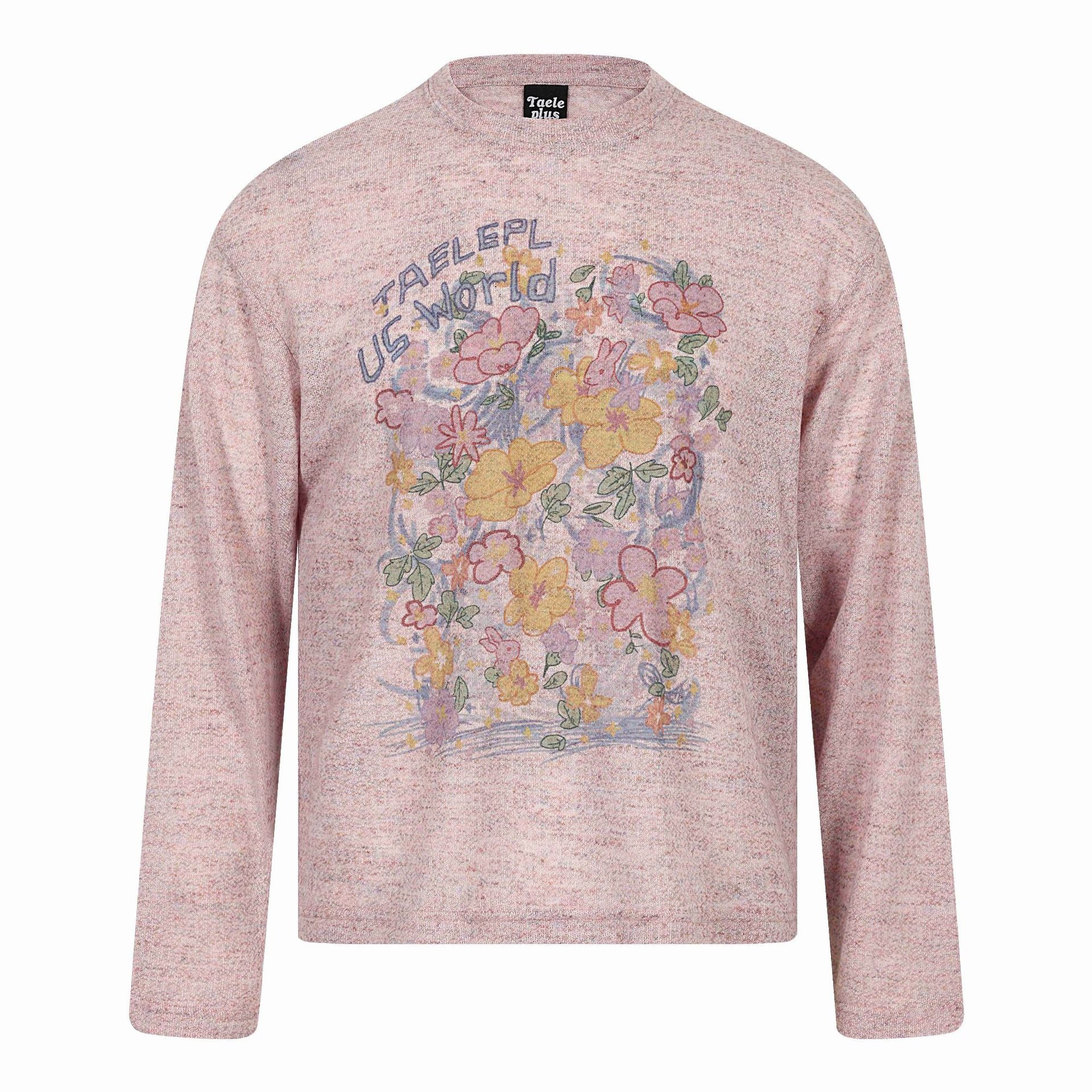 Unisex Relaxed-Fit Long Sleeve Shirt with Floral Illustration Graphic and Ribbed Crew Neck
