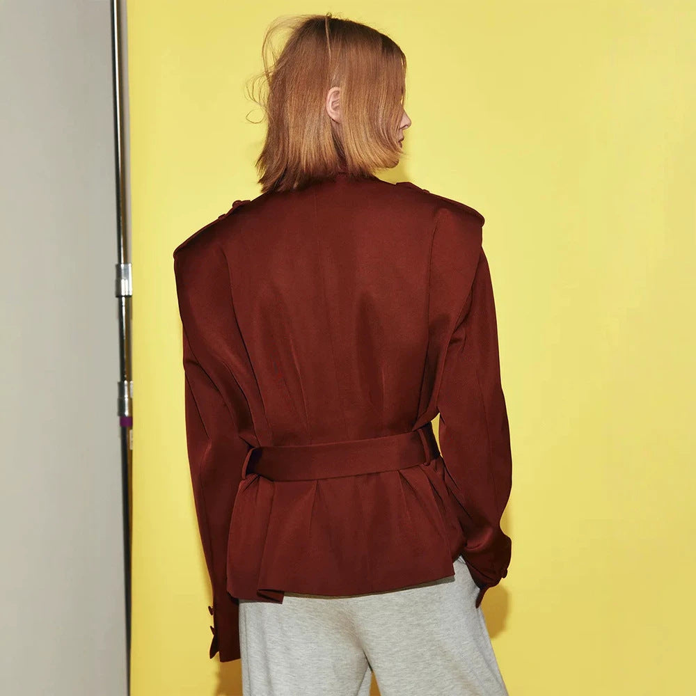 Women Tailored Wrap Blazer with Wide Belt and Decorative Epaulettes Chichicherry