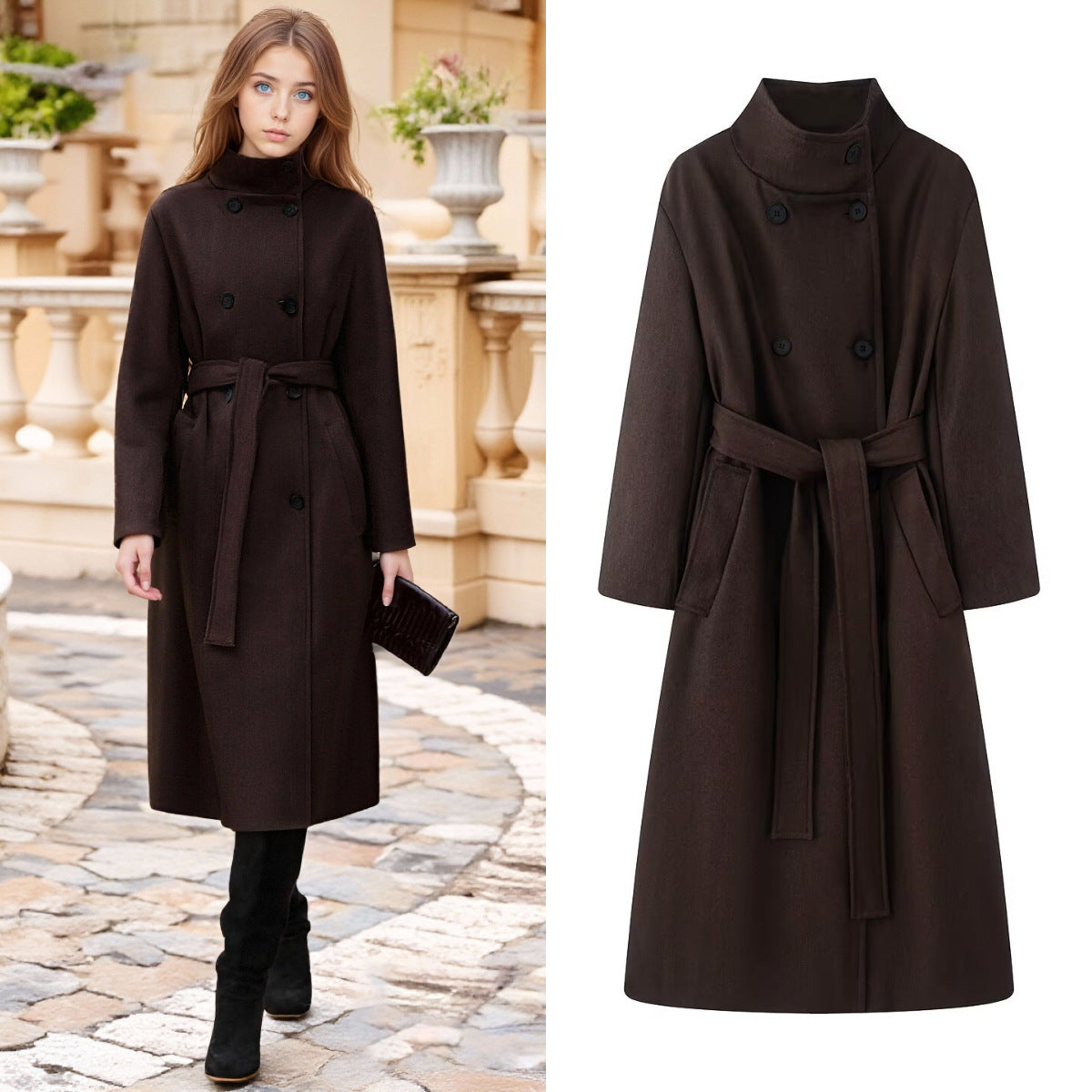 Women oversized wool blend coat with stand-up collar and tie belt Chichicherry