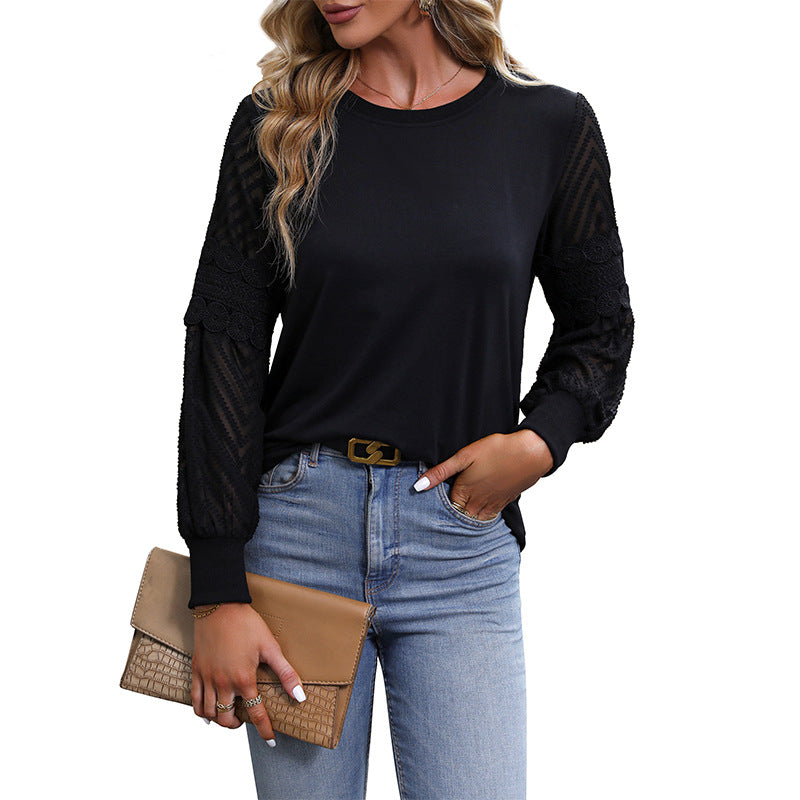 Women’s round neck long sleeve with transparent lace sleeves and loose fit Chichicherry