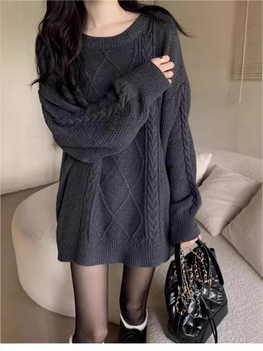 Women Oversize Cable Knit Long Sweater with Round Neck and Balloon Sleeves Chichicherry