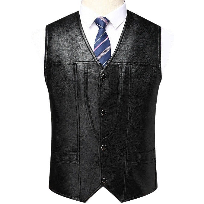 Men's Sleeveless Tailored Leather Vest with V-Neck, Decorative Seams and Button Placket Chichicherry