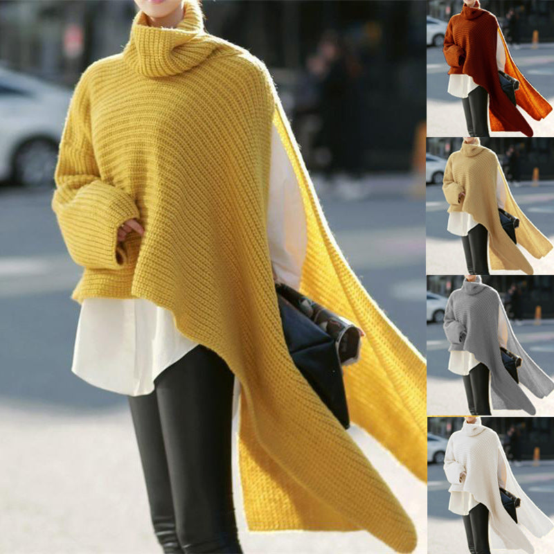 Women Asymmetrical Roll Neck Poncho with Side Cape Detail Chichicherry