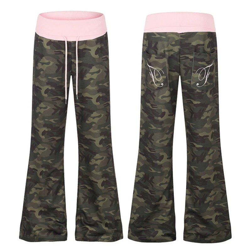 Women's Palazzo lounge pants with high rolled waistband, drawstring, and camouflage pattern Chichicherry