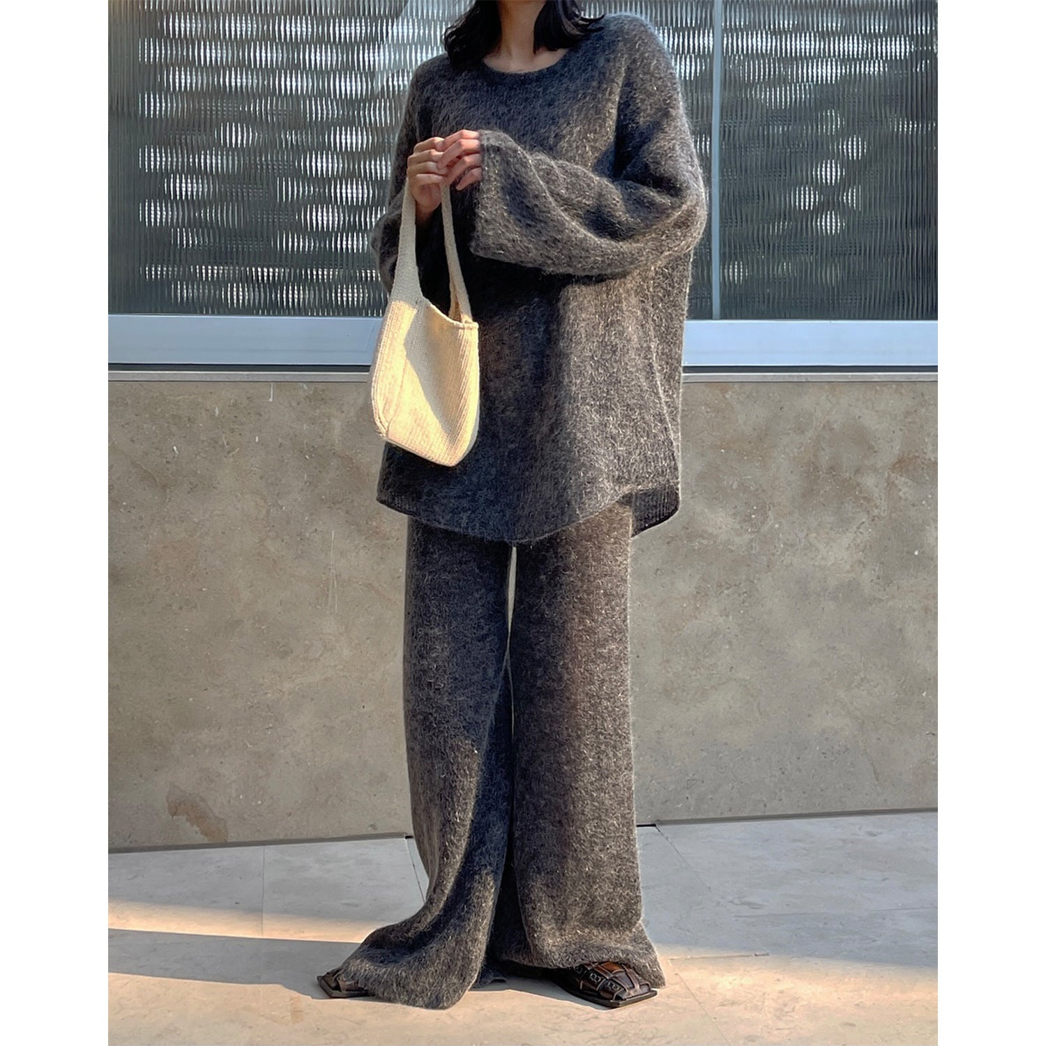 Women Fluffy Palazzo Knit Pants with Wide Leg and Lounge Silhouette Chichicherry