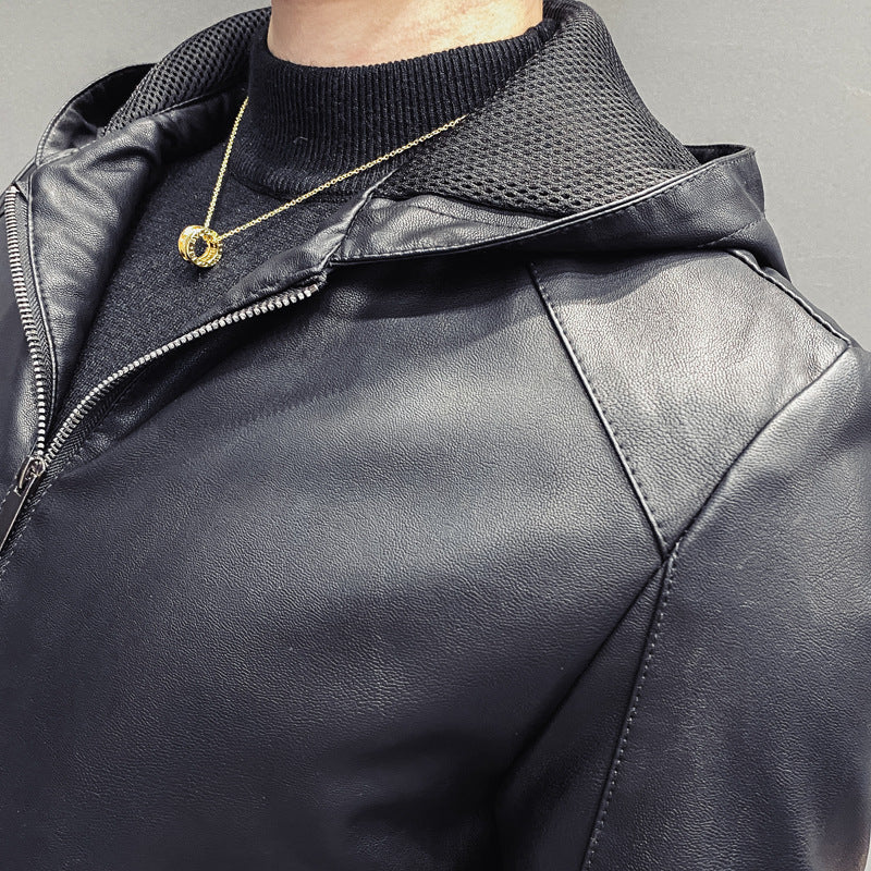 Men's Leatherette Hooded Blouson with Mesh Inner Hood, Slim Silhouette and Full Zipper Chichicherry
