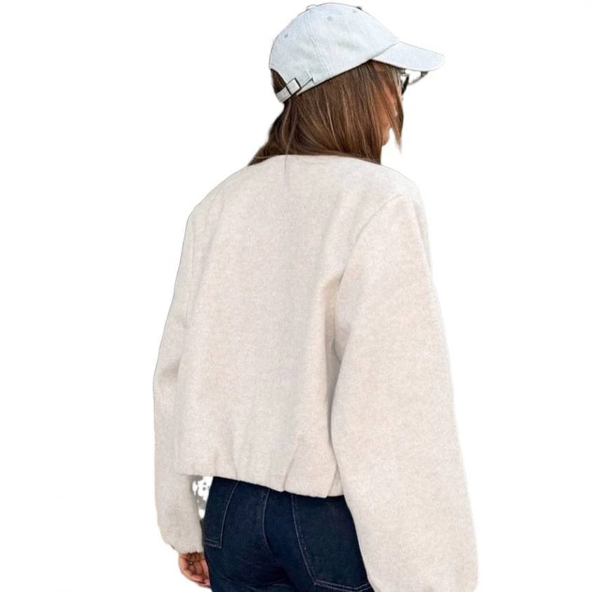 Women Short Cut Oversized Wool Blend Bomber Jacket with Balloon Sleeves and Zip Closure Chichicherry