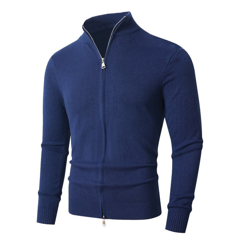 Men's Slim Fit Fine Knit Cardigan with Double Zipper and Stand Collar Chichicherry