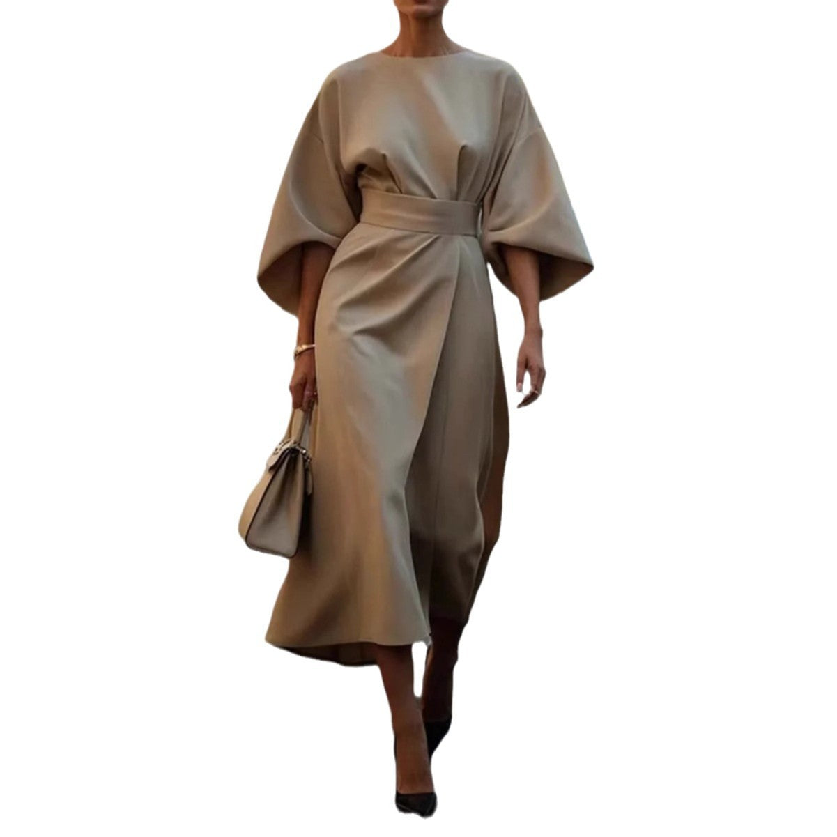Damen Elegantes Midikleid mit weitem Kimonoärmel, tailliertem Gürtel und drapierter A‑Linie Chichicherry