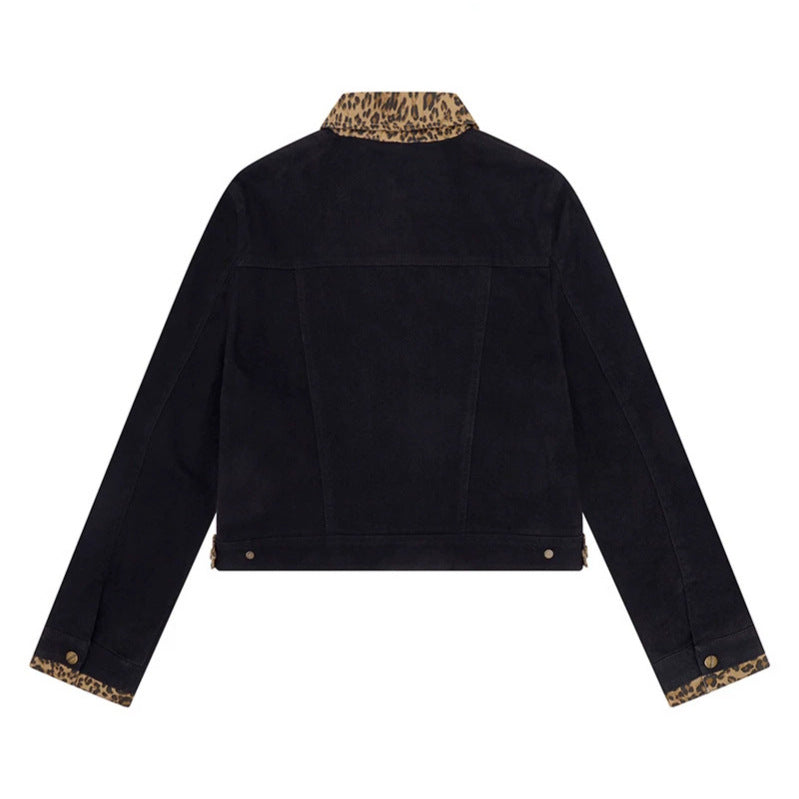 Women’s Short Cut Denim Trucker Jacket with Leopard Contrast Collar and Cuffed Sleeves Chichicherry