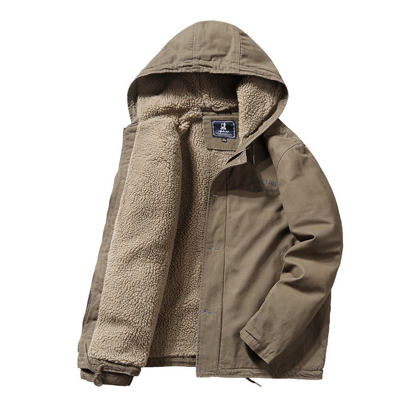 Men's Canvas Hooded Jacket with Sherpa Lining, Concealed Two-Way Zipper and Utility Details Chichicherry