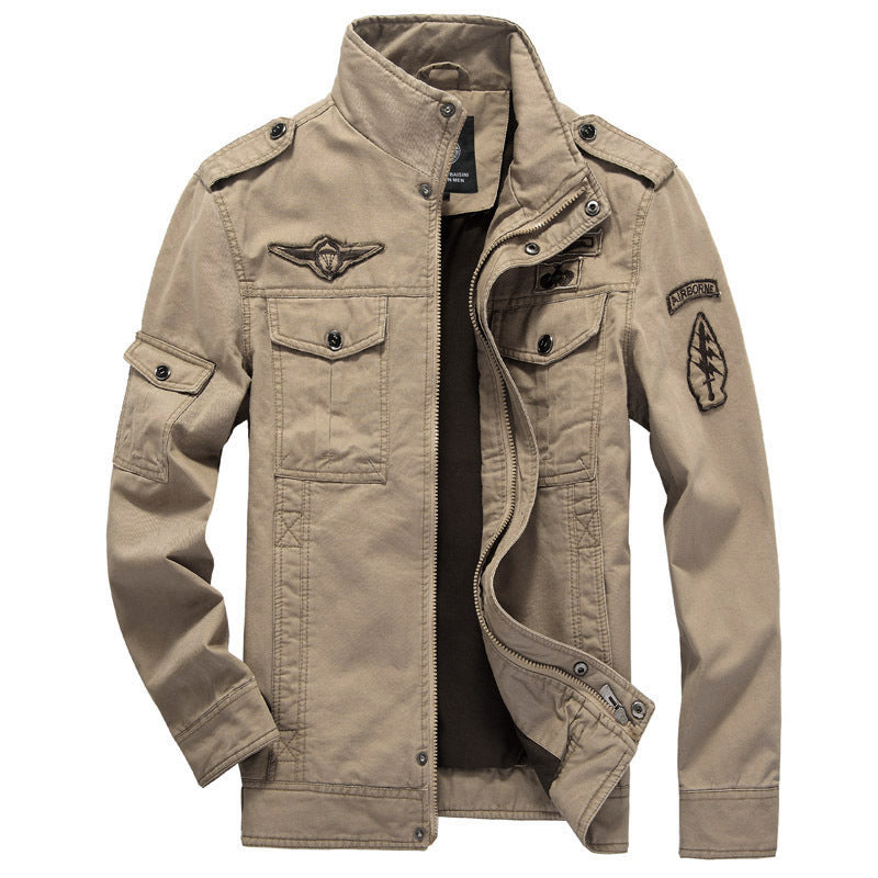 Men's Canvas Field Jacket in Military Utility Style with Epaulettes, Chest Flap Pockets, and Stand Collar Chichicherry
