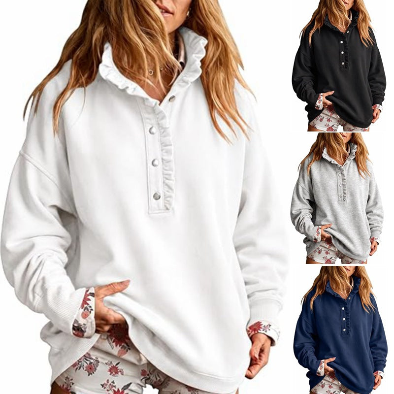 Women's oversized sweatshirt with ruffled collar and snap button placket Chichicherry