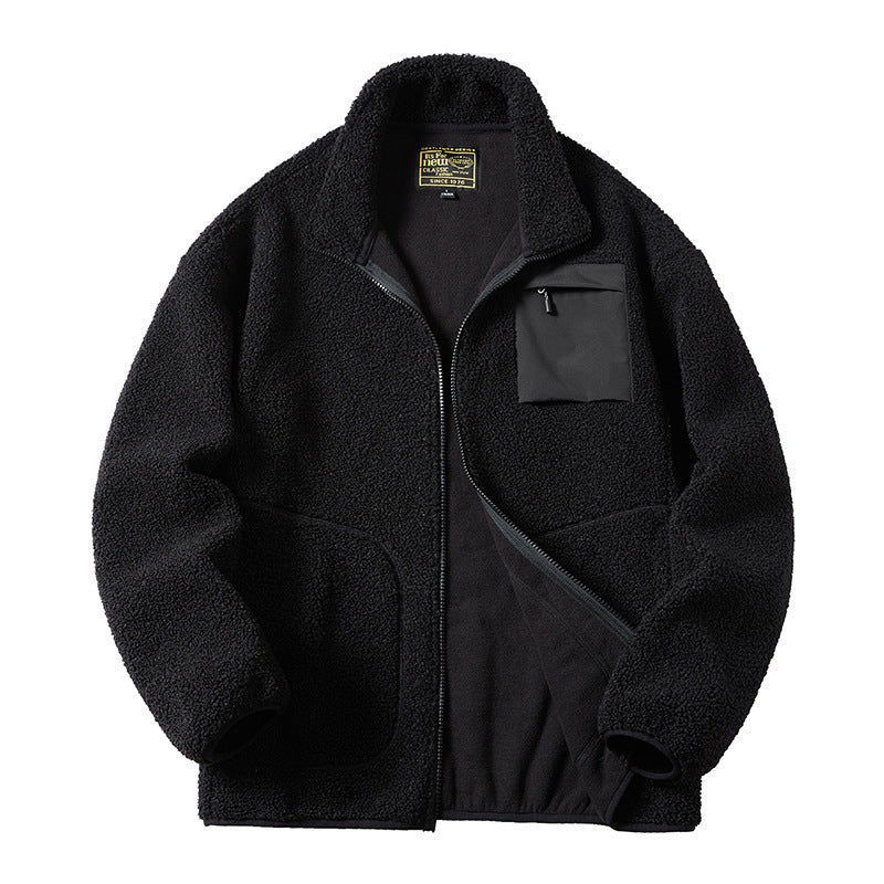 Men's Sherpa fleece jacket in utility style with zipper chest pocket and stand-up collar Chichicherry