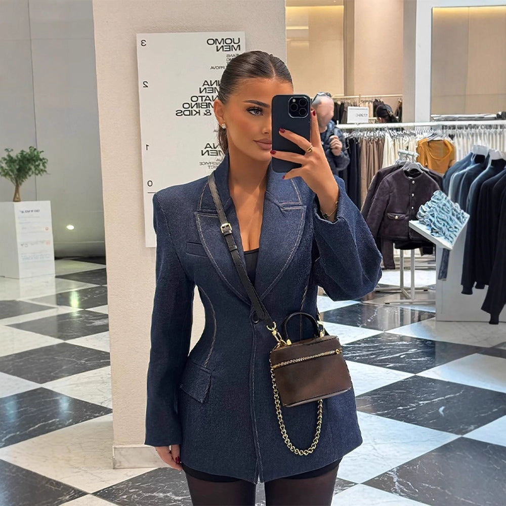 Women tailored jeans blazer with curved lapel Chichicherry