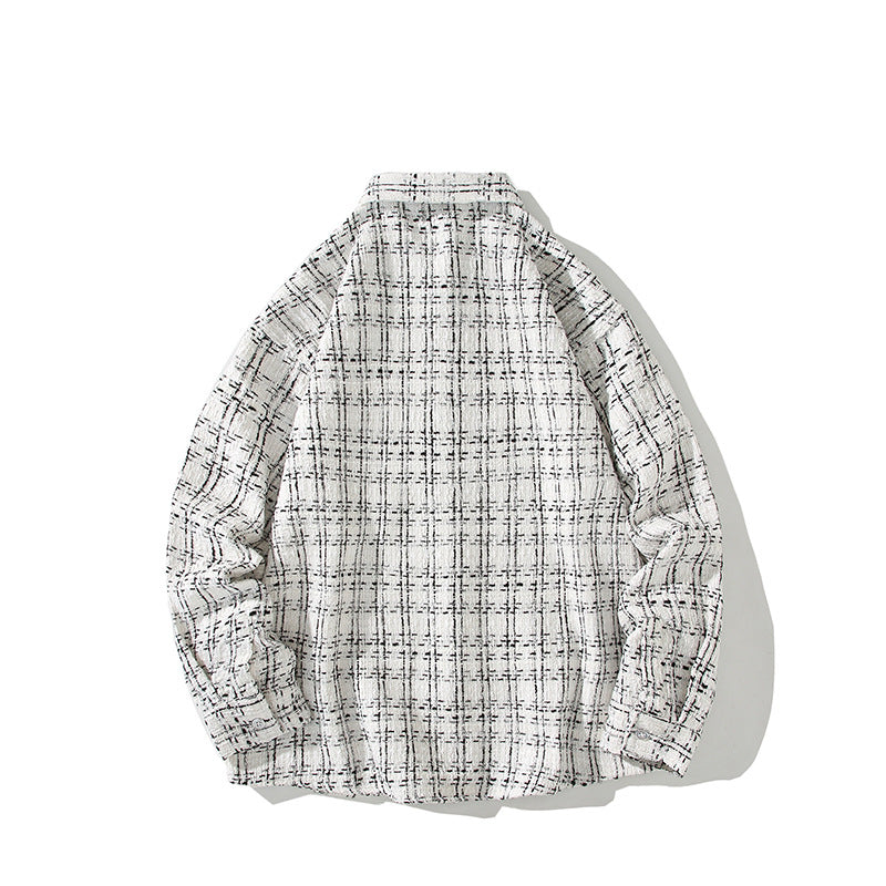 Men's Structured Boucle Shirt Jacket with Check Jacquard and Casual Fit Chichicherry