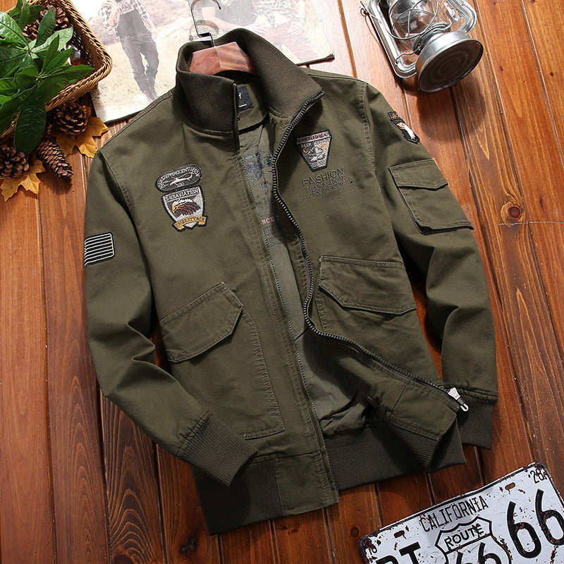 Men's Canvas Pilot Jacket with Embroidered Patches, Multiple Pockets, and Ribbed Cuffs Chichicherry
