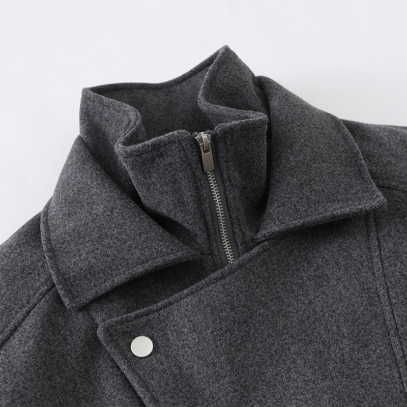 Men's Boxy Wool Blend Blouson Jacket with Asymmetric Double Fastening and High Stand-Up Collar Chichicherry