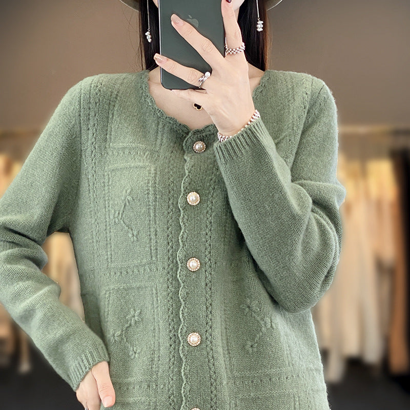 Ladies Embellished Knit Cardigan with Pearl Buttons and Openwork Embroidery Chichicherry