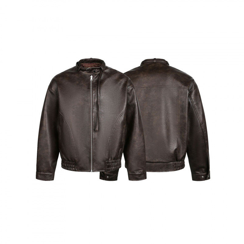 Men's leather bomber jacket with stand-up collar and elastic hem Chichicherry