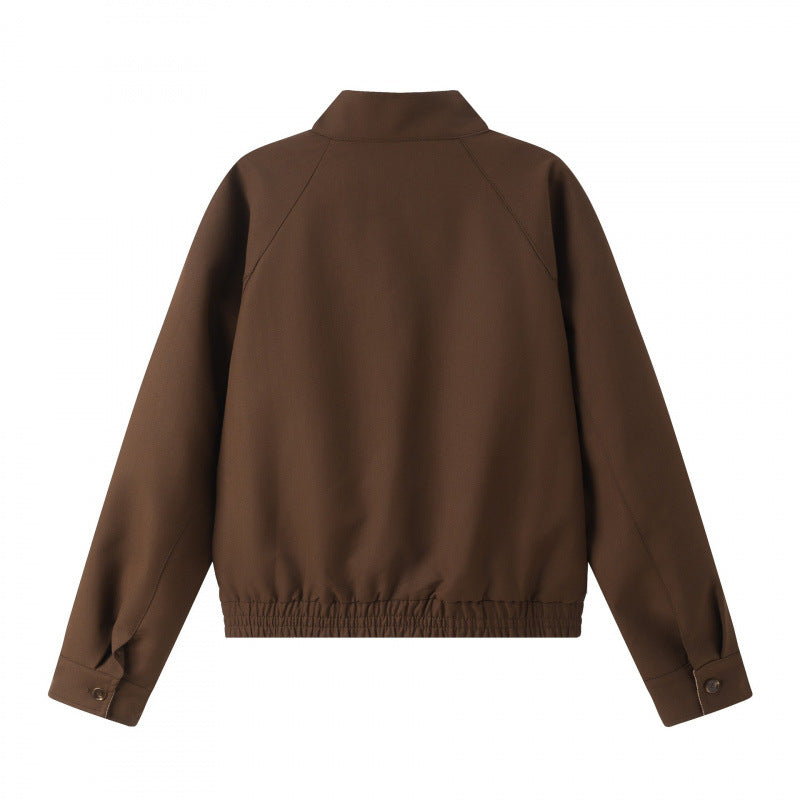 Unisex Short Cut Blouson Jacket with Stand-Up Collar, Elastic Hem and Checked Collar Lining Chichicherry