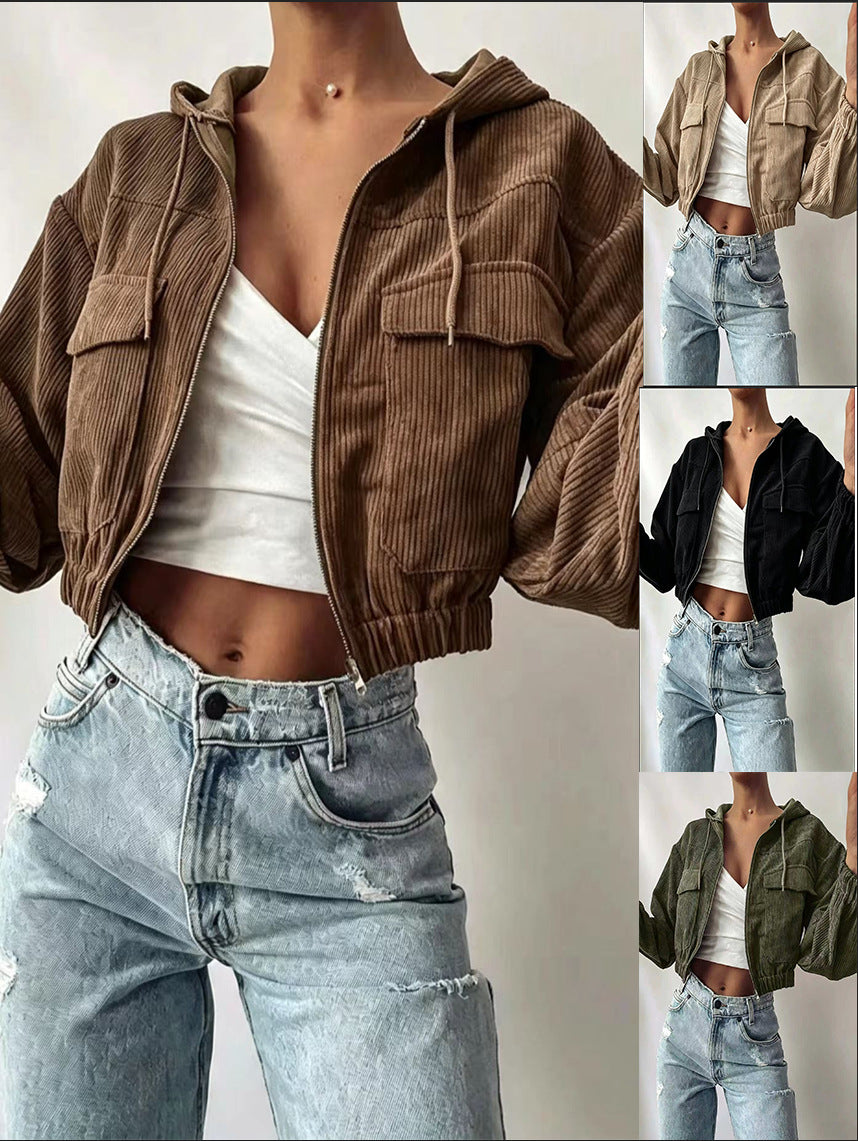 Women's cropped hoodie made of ribbed fabric with zipper and balloon sleeves Chichicherry