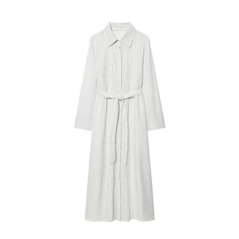 Women Long Shirt Dress with Waist Belt and Continuous Button Placket Chichicherry