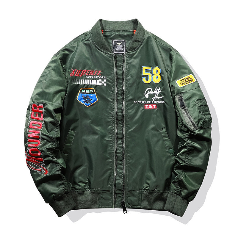 Men's utility bomber jacket in pilot style with sleeve pockets and embroidered patches Chichicherry