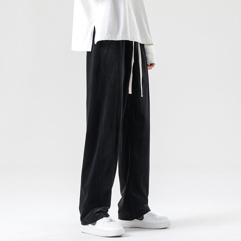 Men's Wide Velvet Jogging Pants with Elastic Waistband and Drawstring Chichicherry