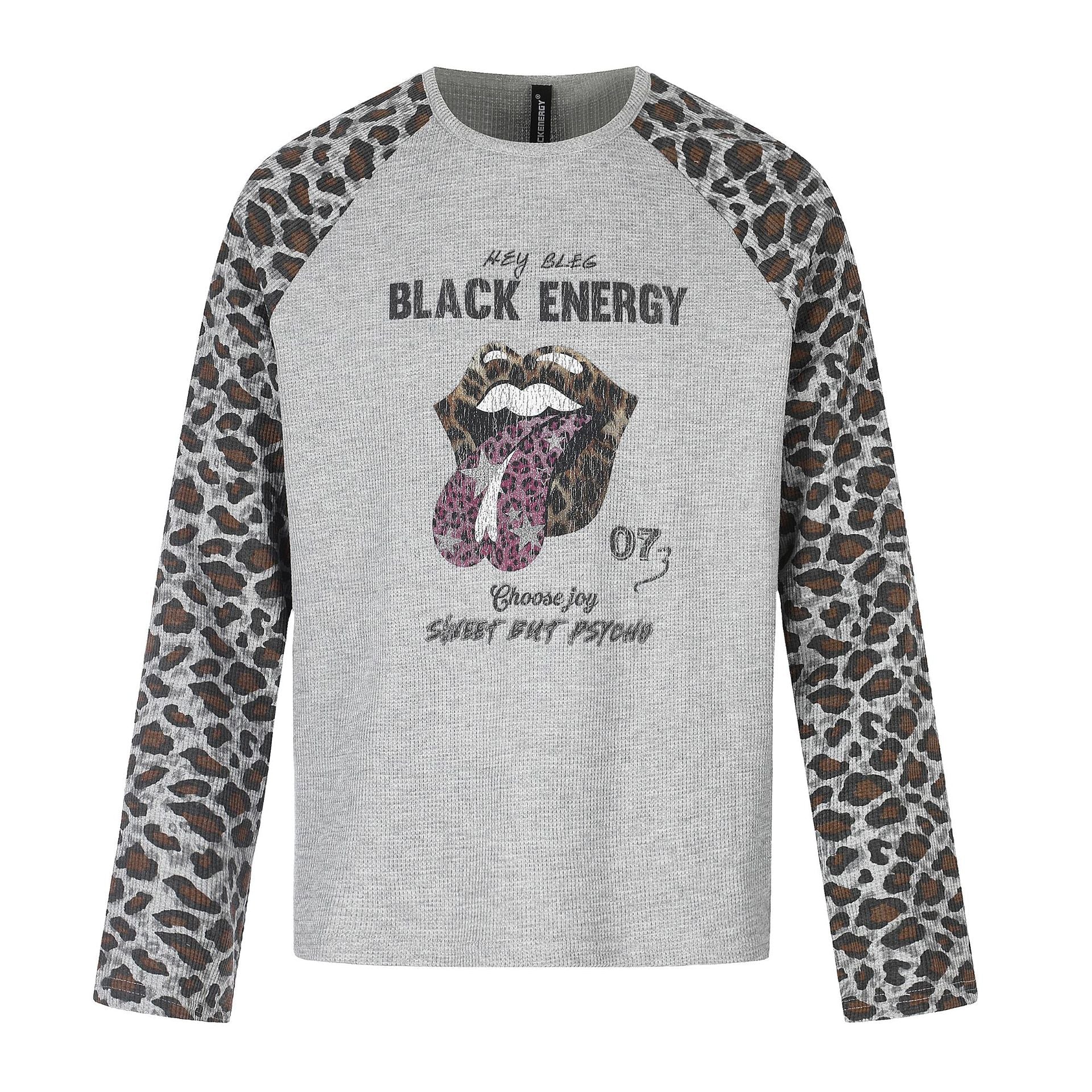 Women's Casual Long Sleeve Shirt with Raglan Sleeves, Leopard Sleeves and Statement Print