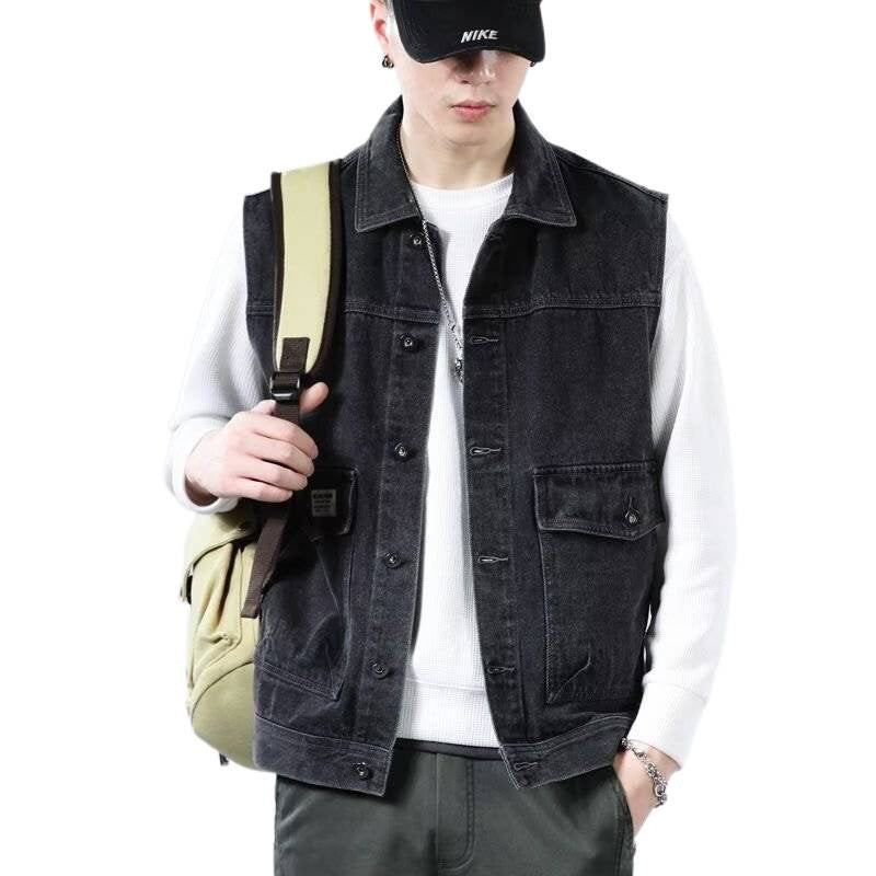 Herren Ärmellose Jeans-Workerweste mit Pattentaschen und kastiger Passform Chichicherry