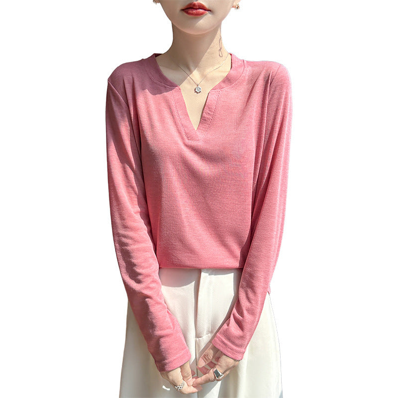 Women's Long Sleeve Fine Knit Shirt with Split V-Neck Chichicherry