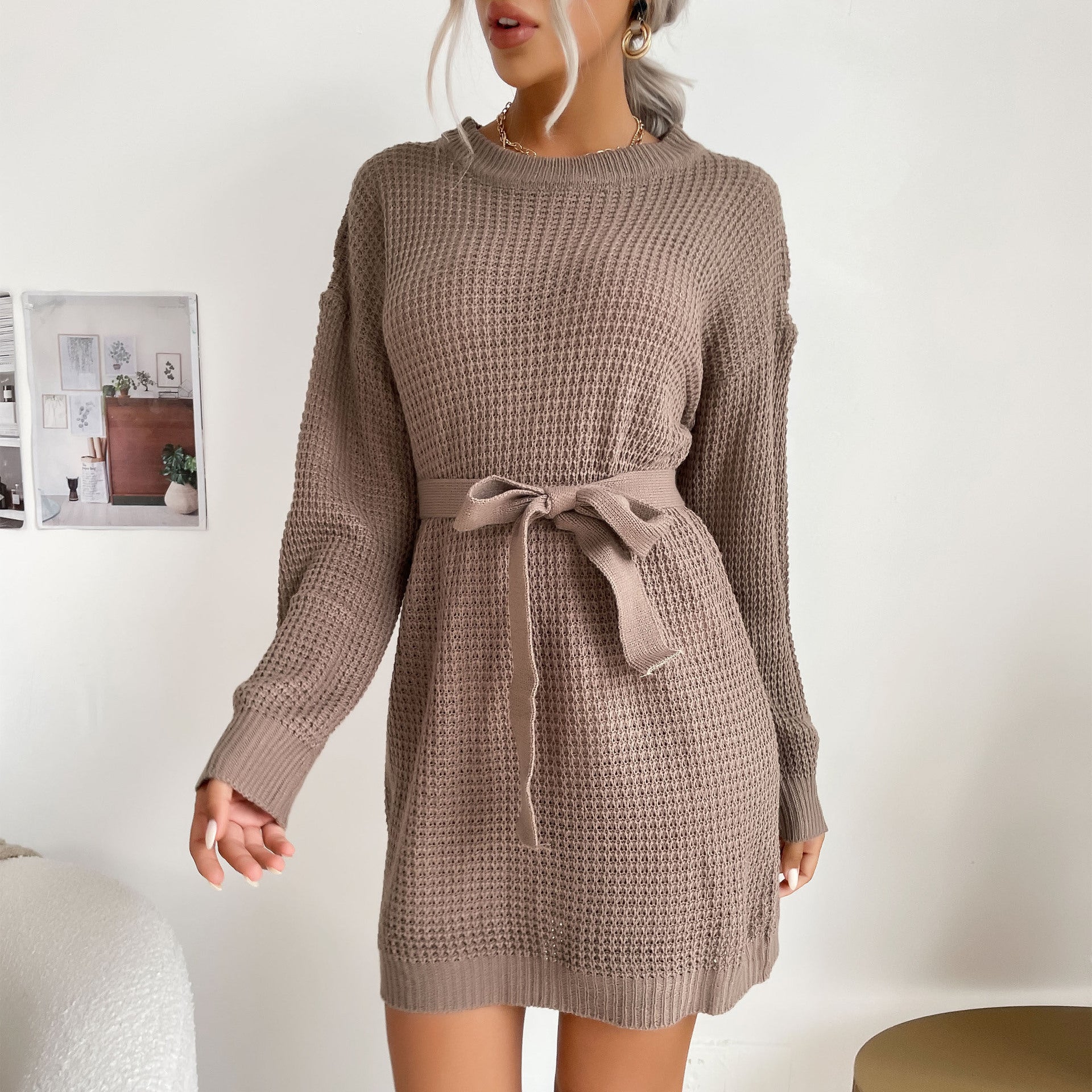 Women's waffle knit mini dress with drawstring waist belt and ribbed hem Chichicherry