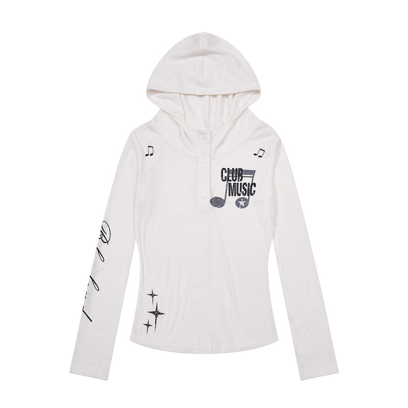 Women's Lightweight Long Sleeve Hoodie Henley Shirt with Button Placket, Hood and Music Print Chichicherry