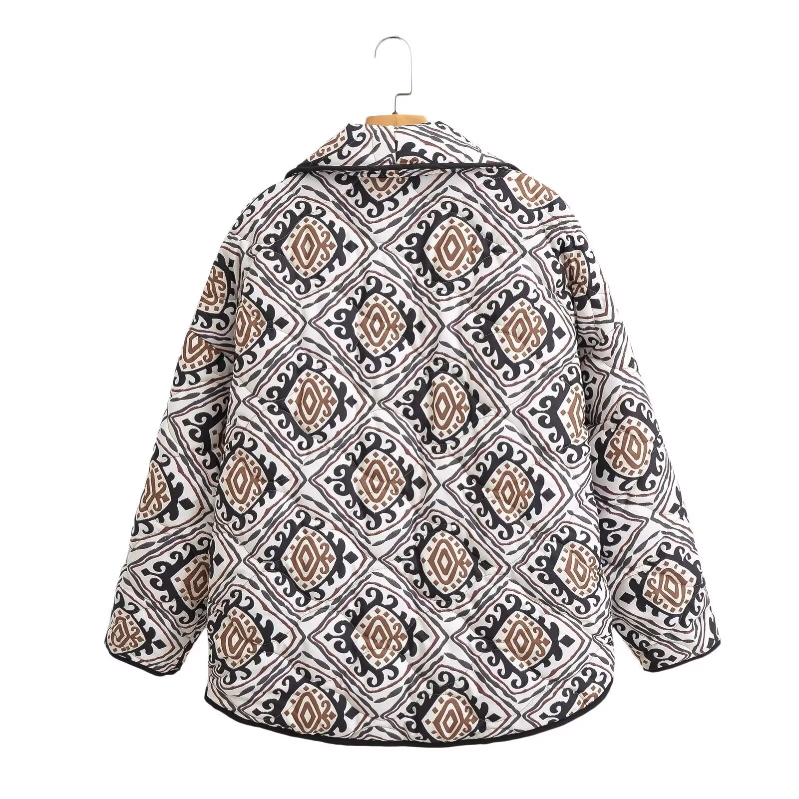Women's Padded Kimono Quilted Jacket with Ethno Print and Contrast Piping Chichicherry