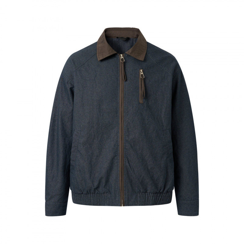 Men's short canvas jacket with corduroy collar, chest zipper, and elastic hem Chichicherry
