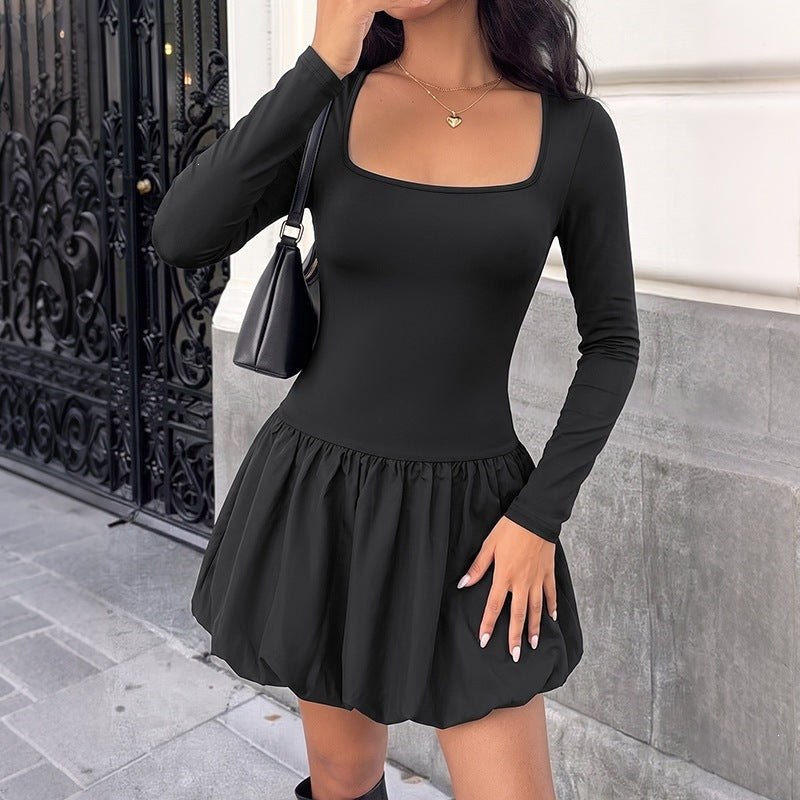 Women's Fitted Mini Dress with Square Neckline, Tailored Silhouette, and Balloon Skirt Chichicherry