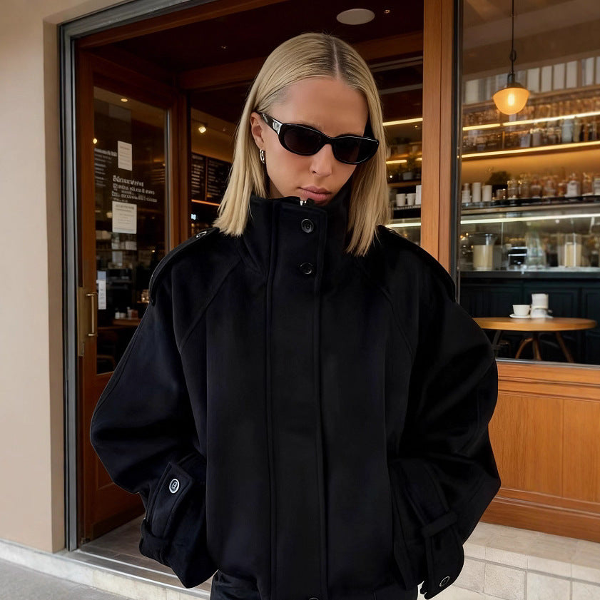 Women Short Wool Blend Jacket with Stand-Up Collar, Shoulder Flaps and Adjustable Cuffs Chichicherry