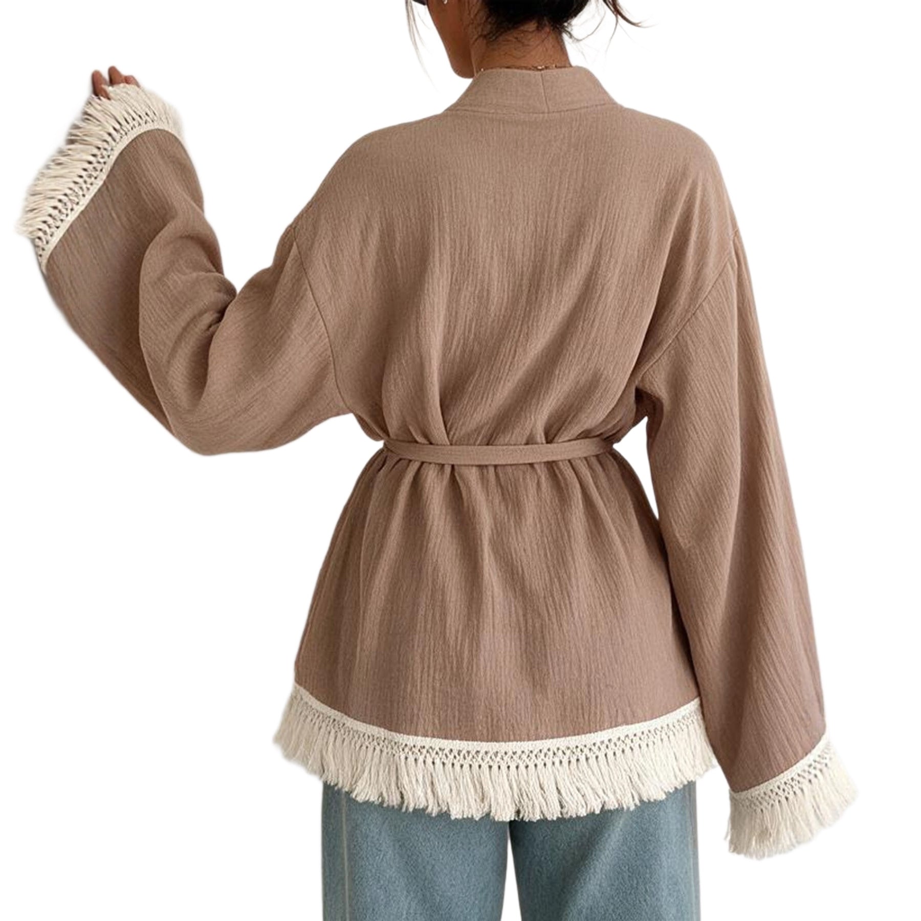 Damen Fransen-Kimono-Jacke aus Leinenoptik mit Taillengürtel Chichicherry