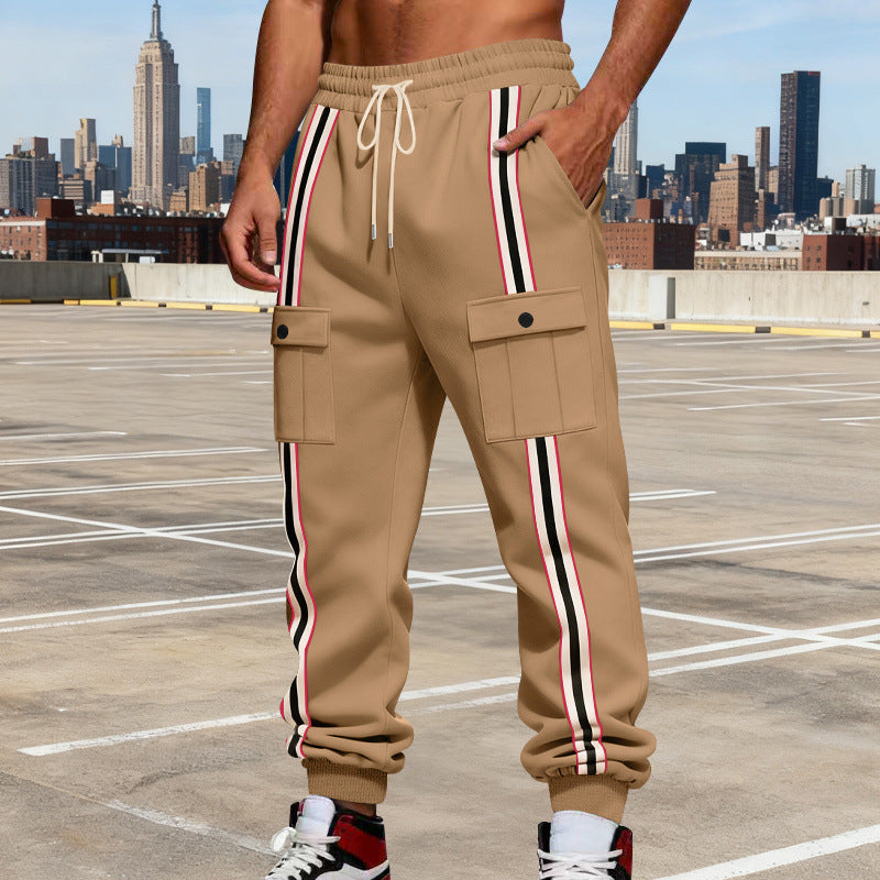 Men's cargo joggers in urban streetwear look with contrast stripes and flap pockets Chichicherry