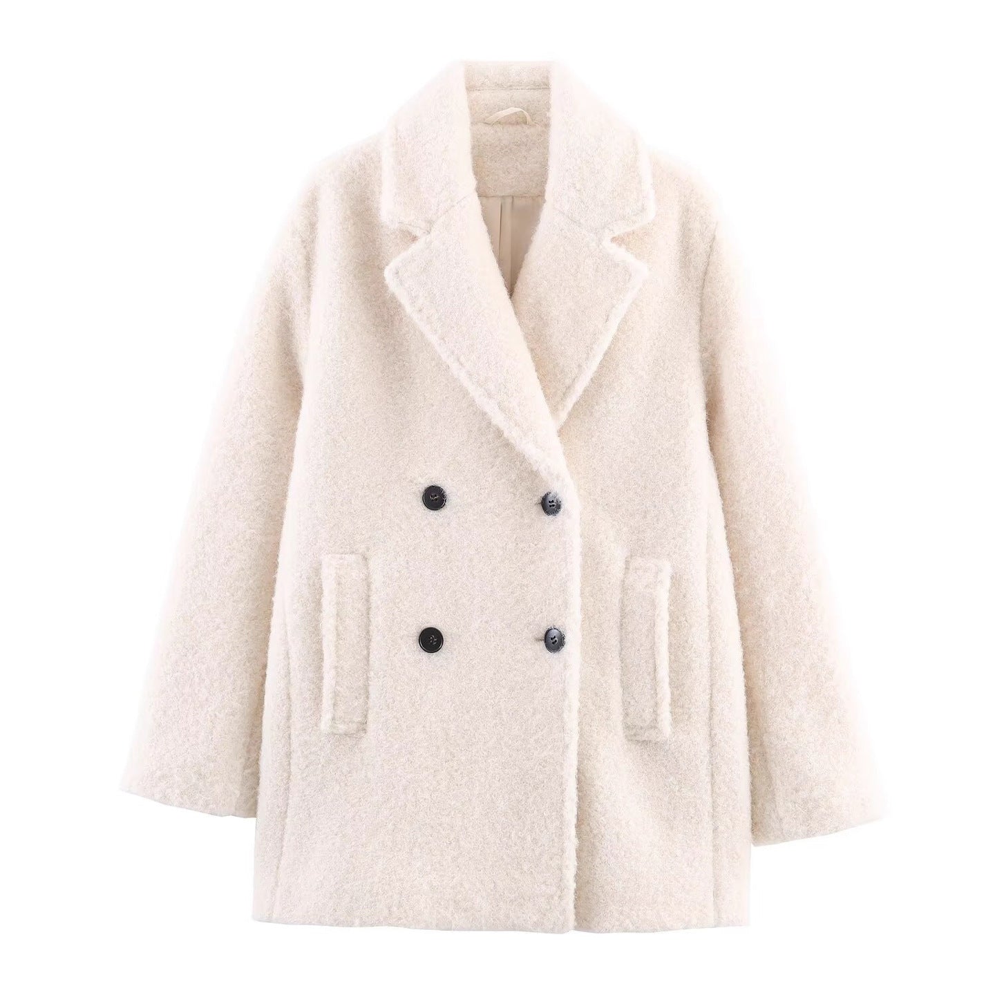 Ladies Double-Breasted Teddy Coat with Shawl Collar and Patch Pockets Chichicherry