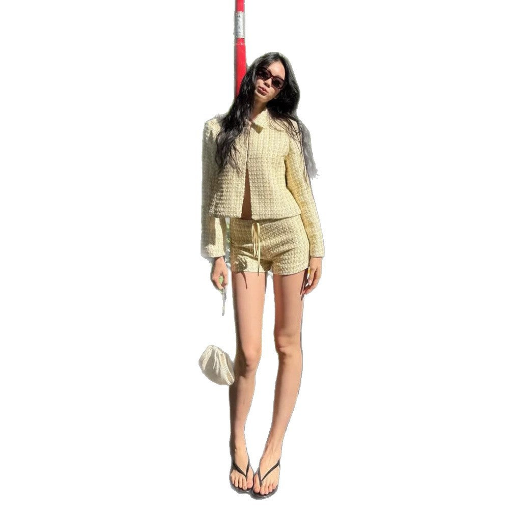 Women Two-Piece Boucle Set with Short Jacket and Drawstring Shorts Chichicherry