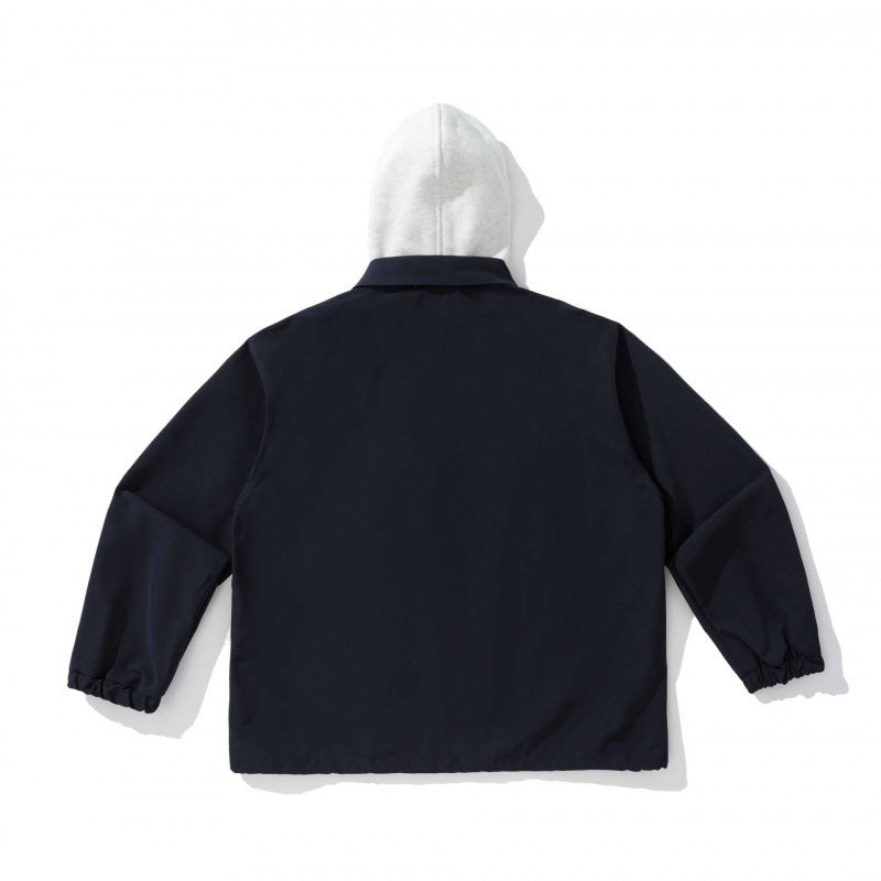 Unisex Two-Layer Overshirt Jacket with Attached Fleece Hood and Snap Button Placket Chichicherry