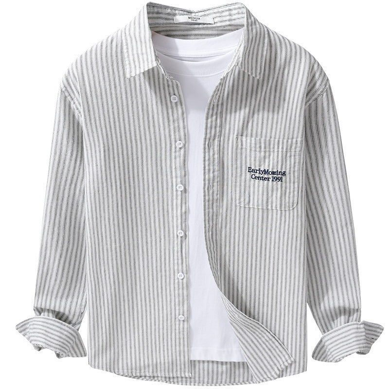Men's Lightweight Cotton-Linen Relaxed Shirt with Fine Pinstripes, Patch Pocket and Rounded Hem Chichicherry