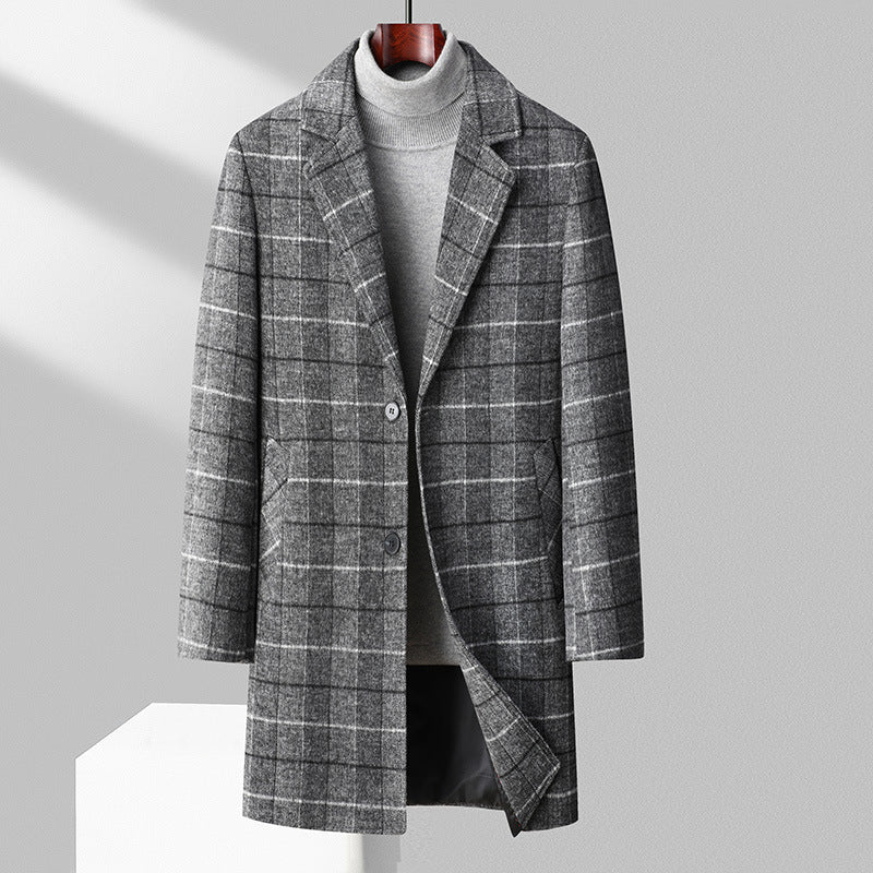 Men's Checked Wool Blend Coat Mid-Length with Notched Collar and Two-Button Closure Chichicherry
