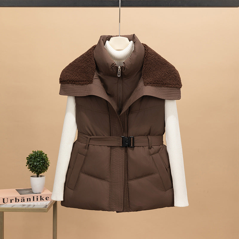Women's non-padded quilted vest with knitted sleeves and teddy collar, tailored belt Chichicherry
