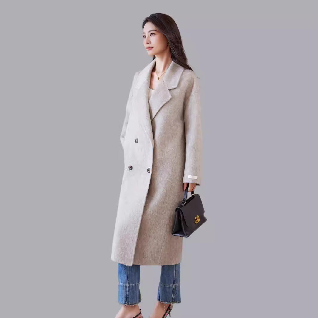 Women's oversized wool blend coat with wide lapels and double-breasted button placket Chichicherry
