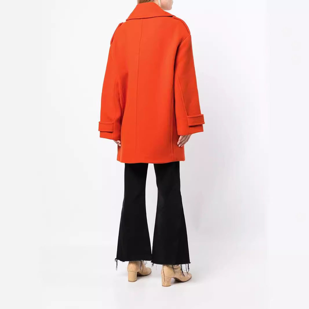 Women's Oversized Double-Breasted Short Coat made of Wool Blend with Extra Wide Sleeves and Golden Decorative Buttons Chichicherry